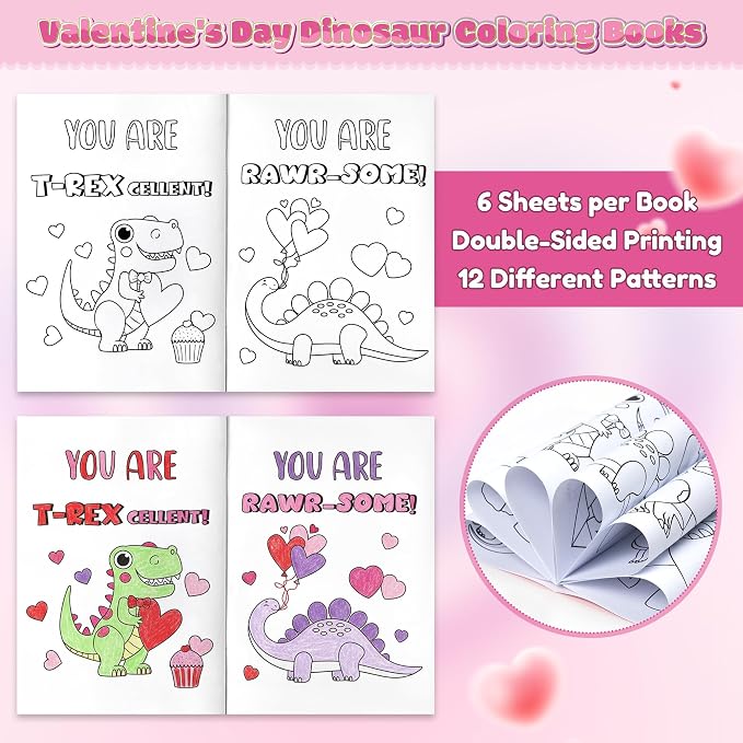 Dvbonike 24Pcs Valentine's Day Dinosaur Coloring Books - DIY Color-in Pages Booklet Bulk Sweet Message Drawing Pattern Party Favor Gifts Home School Classroom Rewards Art Activity Supplies for Kids