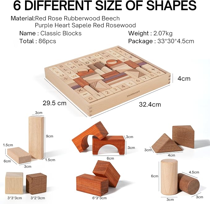 Alphabet Number Early Math Wooden Building Blocks Set - 86 Blocks in 6 Shapes with Wooden Storage Tray. Preschool Montessori Kids Toys. Stacking Learning Toys for Toddlers. Age 3 Years +