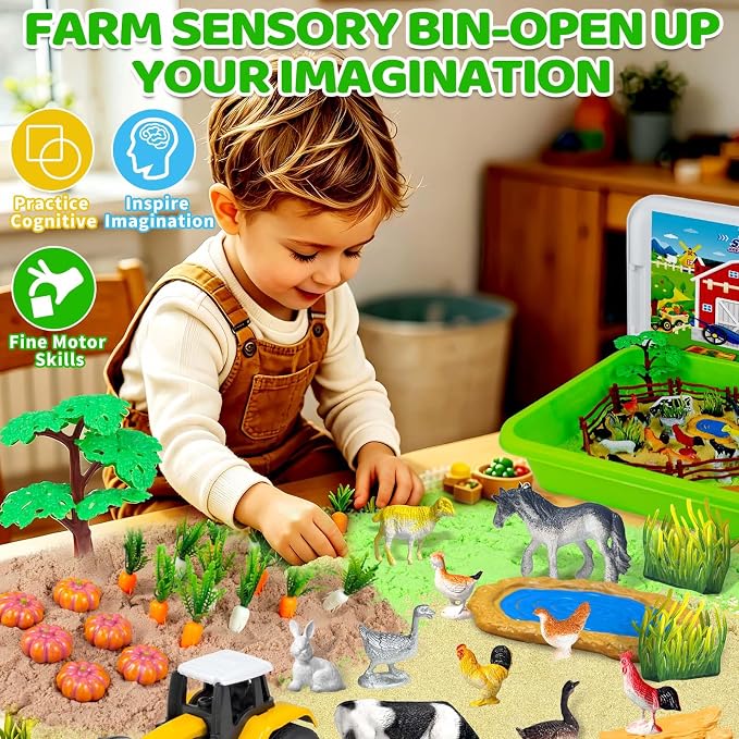 Sensory Bin, Sandbox Toys Play Sand Art Kit for Kids Toddlers 3 4 5 6 7 8 | Farm Sensory Toys with Sandbox & Farm Animals & Tractor Playset, Indoor Outdoor Beach Toys for Kids Christmas Birthday Gifts