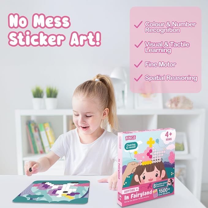 BINCA Dotties Dot Art Activity Kit, 1500+ Stickers, 8 Unicorns & Princesses Mess-Free Activities, DIY Dot Sticker Art, Kids Travel Activities, Gifts for Girls Ages 4,5,6,7