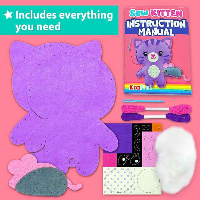 KRAFUN Beginner Sewing Kit, Sew Kitten & Mouse, Pre-Cut Felt, Kids Ages 5+ | Beginner Sewing Kit: Sew 2 Plushies, Kitten & Mouse. Pre-Cut, Pre-Punched Felt, No Scissors. Safe Plastic Needle for Kids