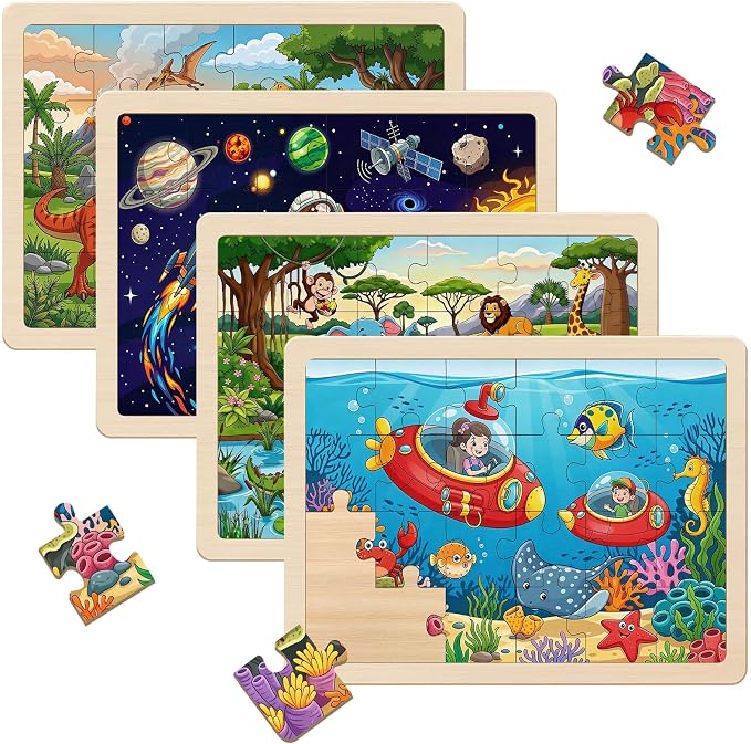Wooden Puzzles Dinosaur Toys for Kids Ages 4-6, 4 Packs 24 Piece | Wooden Jigsaw Puzzles Preschool Educational Learning Toys Gifts for 3 4 5 6 Year Old Boys and Girls