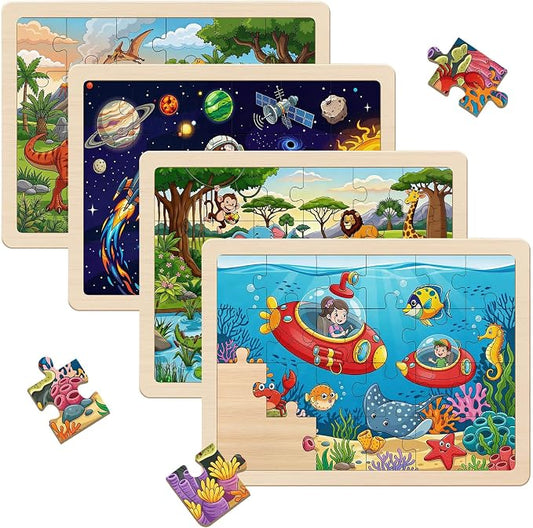 Wooden Puzzles Dinosaur Toys for Kids Ages 4-6, 4 Packs 24 Piece | Wooden Jigsaw Puzzles Preschool Educational Learning Toys Gifts for 3 4 5 6 Year Old Boys and Girls