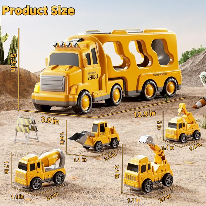 5-in-1 Construction Trucks Toys for 3 4 5 Years Old Boys | Carrier Transport Vehicle Truck for Toddlers 3-4 Years with Crane, Mixer, Pushdozer and Excavator, Car Toys Birthdays Gift