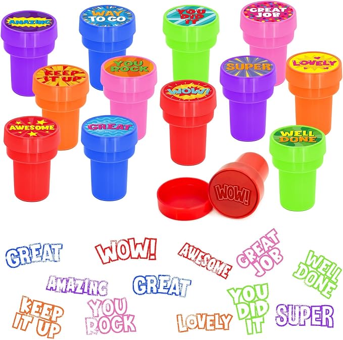 Cinrobiye 24 Pcs Positive Teacher Stampers Party Favor Set, Encouraging Classroom Reward Stamps for Kids, Teacher Supplies, Student Motivation Gifts, Goody Bag Fillers, School Activity Prizes