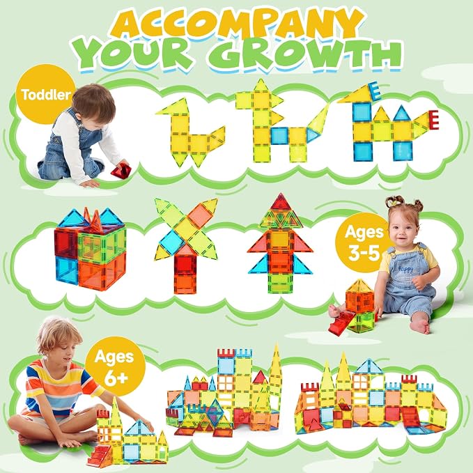 Magnetic Tiles, 60 PCS Magnetic Tiles Building Set, Educational STEM Magnets Tile Toys for Boys Kids Toddlers Ages 3 4 5 6 7 8 9+ Year Old
