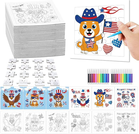 Fennoral 24 Pack DIY Coloring 4th of July Jigsaw Puzzle Craft Kit for Kids | Cute Animal Design, with Display Base, 4.7‑inch, DIY Coloring Art, Classroom Activity, Party Favor Supplies