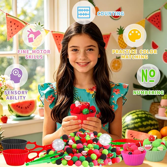 Watermelon Sensory Bin Filler-301Pcs Summer Fruit Fine Motor Sensory Bin Item Includes Tweezers Scissor Pom Poms Watermelon Resin for Summer Decor Counting Motor Skills Development