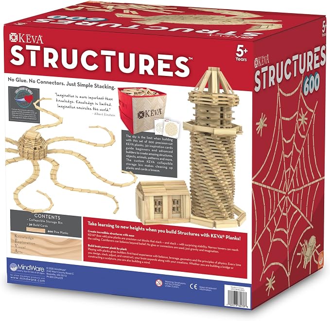 MindWare KEVA Structures 600 Plank Wooden Building Blocks Set, Includes 600 Pine KEVA Planks, 30 Idea Cards and Collapsible Storage Bin