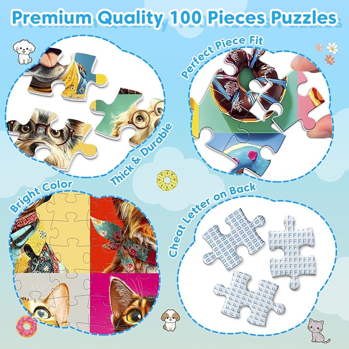 4 Packs 100 Piece Puzzles for Kids - Dogs Cats Donuts Flowers Puzzles | Kids Ages 4-6 6-8 8-10, Large Piece Puzzles for Kids & Seniors Adults Jigsaw Puzzles Educational Gifts for Girls Boys