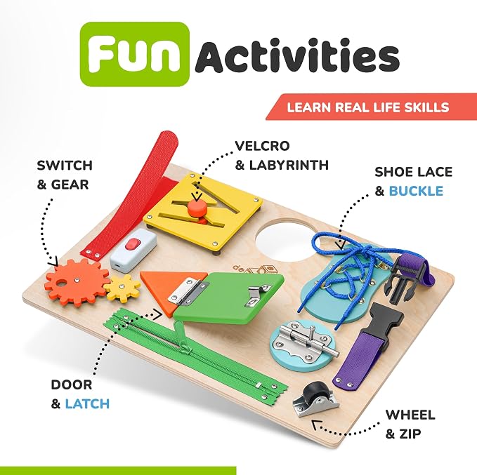 Montessori Busy Board, Premium Wooden Sensory Toy | Busy Board for 3 Year Old with 10 Educational Activities for Fine Motor Skills, Travel Toy