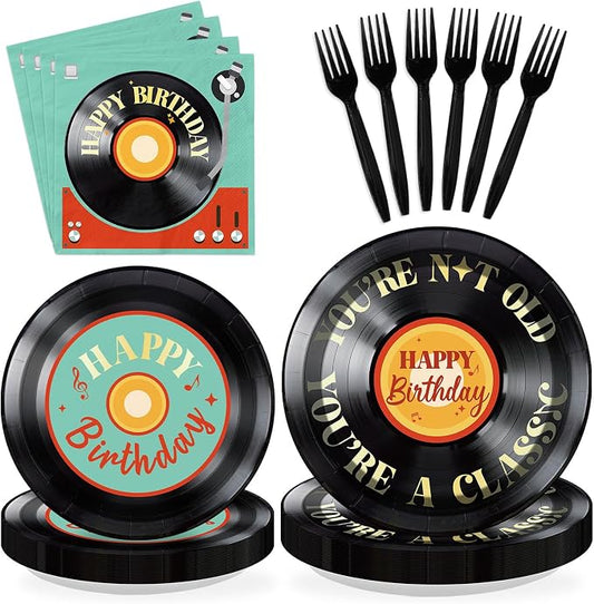 96Pcs Vinyl Record Birthday Party Decorations for Men Women, Serves 24 | Rock and Roll Music Plates and Napkins Karaoke Tableware Set for Vintage Disco Rock Music Birthday Party Supplies