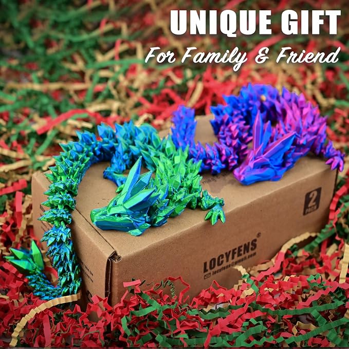 3D Printed Dragon 2 Pack Without Egg, 12 Inch 3D Dragon Flexible Articulated Fidget Toy Blue Green & Red Blue，3D Printed Fidget Toys, Boys Toys for Birthdays, Halloween