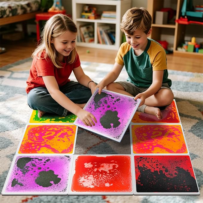 Sensory Floor Tiles for Kids: 12" Liquid Sensory Mats, 4 Pack | Dynamic Color Flow for Visual Tracking, Calm Corners, Autism Sensory Play, Classroom Activities, and Stepping Games