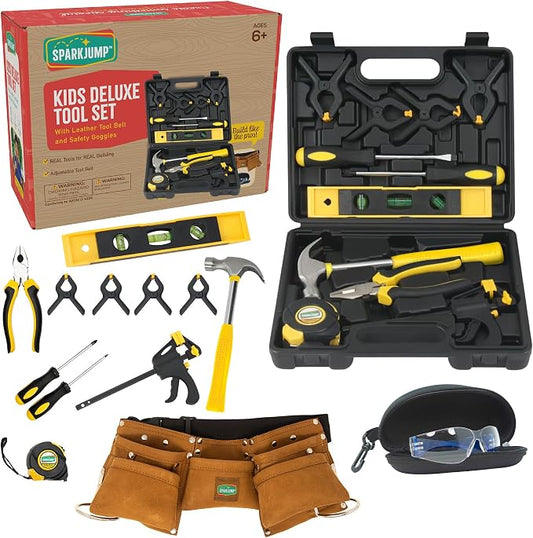 Deluxe Kids Tool Set | Real Tools with Tool Belt & Tool Box, Beginner Tool Kit for Boys & Girls Ages 6 & Up, Brown Ultimate Tool Set