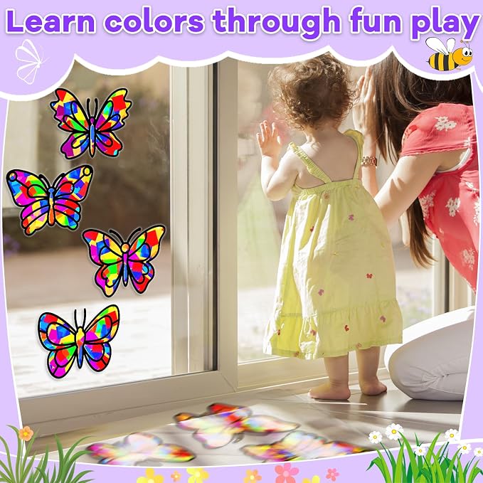 Lonfliness 32 Sets Butterfly Suncatcher Craft Kit DIY VBS Window Stain Glass Effect Paper Butterfly Sunday School Classroom Decors Spring Easter Art Craft Creative Activity Project Kid Gift Favor
