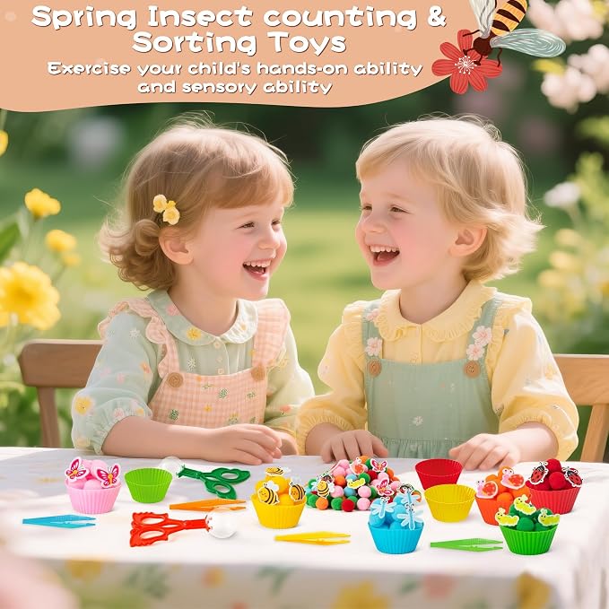 EZdhuawuse Summer Insects Sensory Bin Fillers - 321P Summer Bee Fine Motor Toys Counting Sorting for Easter Gift, Counting Toy with Felt Butterfly Pom Pom Cup Clip for Preschool Education Activities