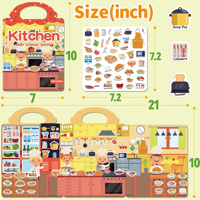 3 Sets Reusable Sticker Book for Toddlers 3-6, Jelly Sticker Books for Toddler, Travel Sticker Activity Toys for Kids 3 4 5 6 Years Old Girls & Boys（Supermarket + Picnic + Kitchen）