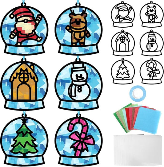 Qyeahkj 36 Set Winter Christmas Suncatchers Craft Kit for DIY Santa Snowman Reindeer Globe Tissue Paper Craft Kit Hanging Decor for Xmas Home Activity Art Project Birthday Party Favor Gift