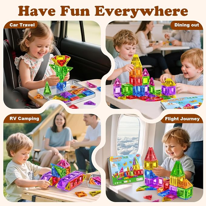 Mini Magnetic Tiles Travel Set Magnetic Tiles with Iron Box 42PCS | Magnet Building Blocks Travel Toys for Kids Ages 3+,Portable Magnet Toys Gifts for Toddlers Boys Girls Christmas Birthday