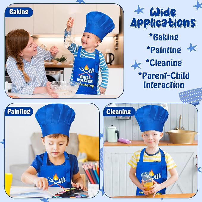 R HORSE 2 Pieces Kid Apron and Chef Hat Set, Children Role Play Chef Toy | Dark Blue Adjustable Kitchen Apron for Kid Boy, Ideal for Cooking, Baking, Painting, Training, Cooking Birthday Gift