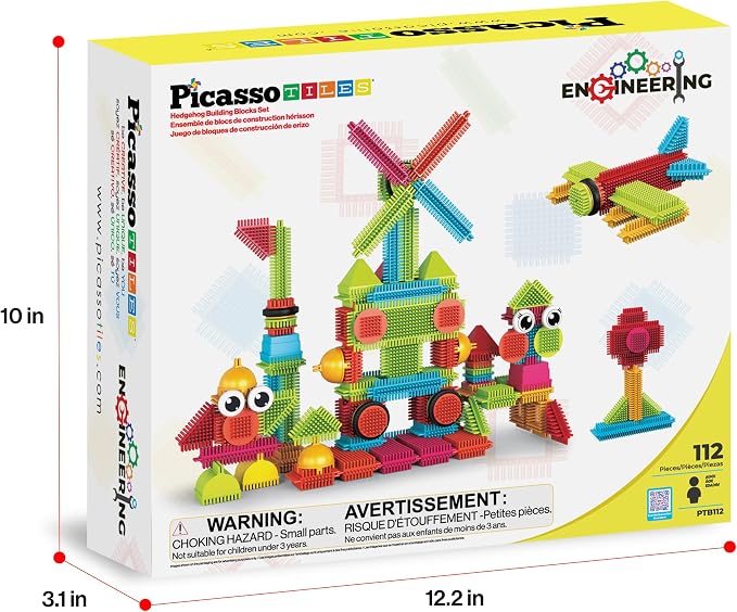 PicassoTiles Toys 112 Piece Hedgehog Blocks STEM Building Tiles Set Construction Learning Toy Stacking Interlock Block, Creativity Beyond Imagination, Inspirational, Recreational, Educational PTB112