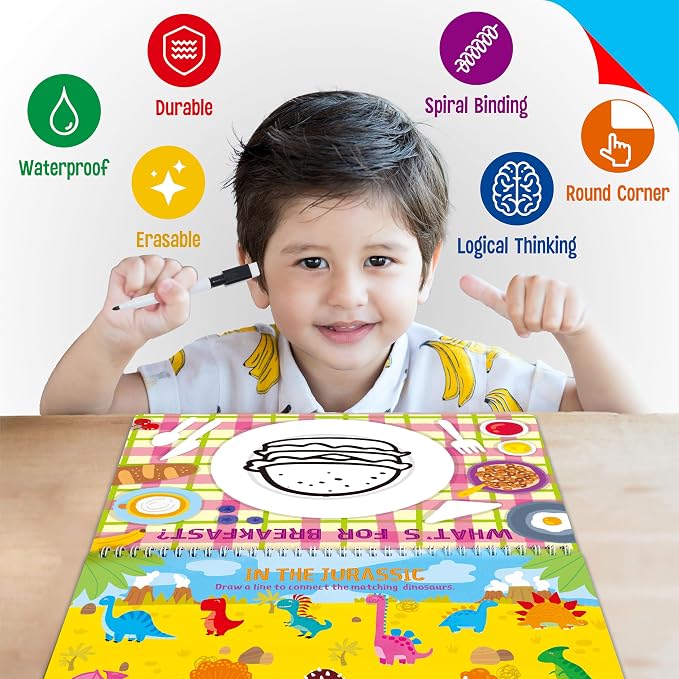 30 Dry Erase Activities Pad, Reusable & Erasable Game Pad, Explore and Find, Maze Matching TIC-TAC-TOE Dot to Dot Words Interesting Educational Toy and Learning Tool for Road Trip Airplane Travel