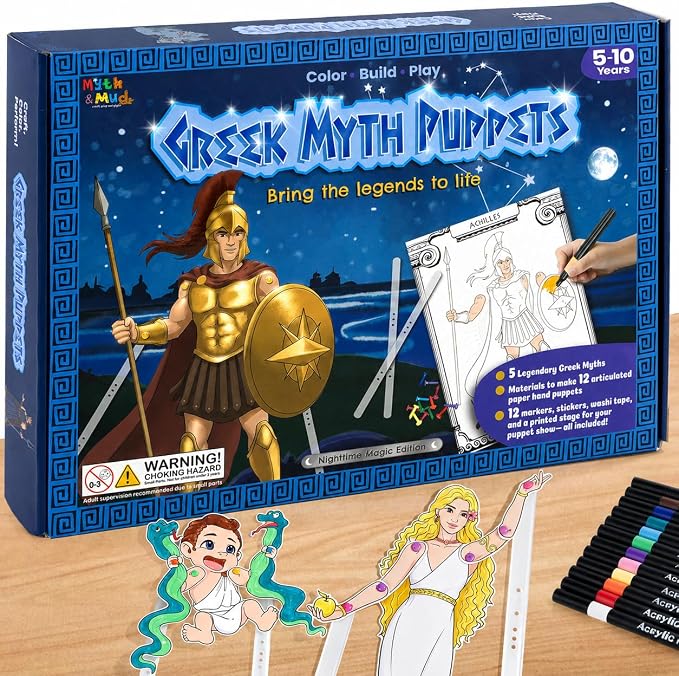 Greek Myths DIY Craft Kit for Kids Ages 5–10, Articulated Paper Puppets to Color, Build & Play, Bring Ancient Legends to Life, Fun Educational Gift (Nighttime Magic)
