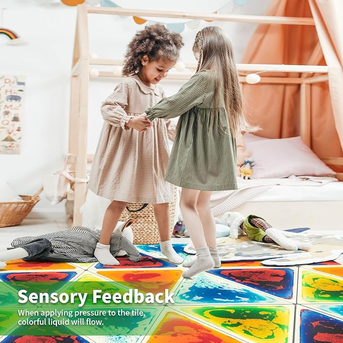 LONGKING 4-Sheet Liquid Triangle Sensory Tiles, Colorful Floor Tile for Play Centers, Playroom, Lava Tiles, 12.7" x 14.7" | Sensory floor tiles, soft liquid gel, 12.7"x14.7", color movement play mat, playroom classroom daycare, 4-sheet