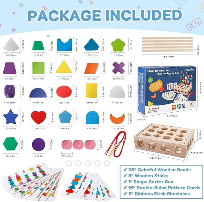 3 in 1 Montessori Wooden Beads Sequencing Toy Set Color Sorting Stacking Geometric Shape Matching Game Beads Sequencing Toy Lacing Beads Stem Fine Motor Skills for Toddlers