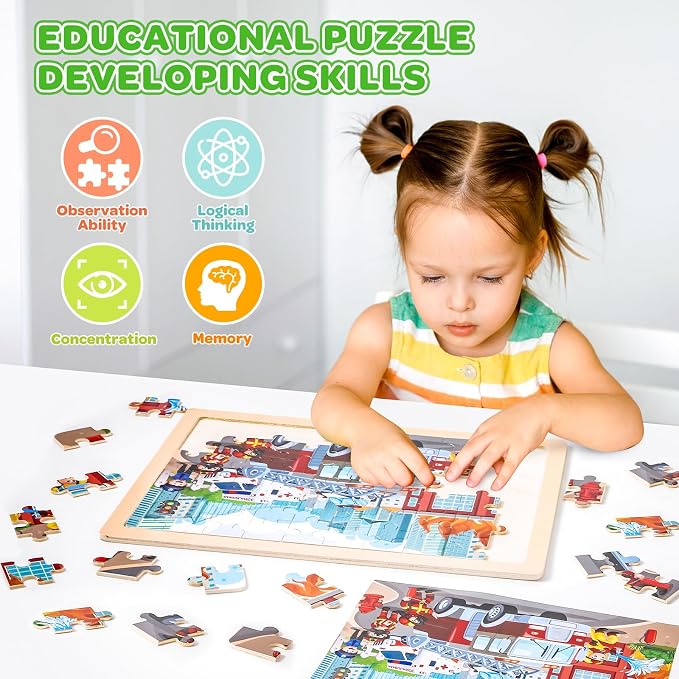 6 Themed Wooden Jigsaw Puzzles for Kids Ages 3-5, 60 Pieces Each | 6 x 60 Piece Puzzles 6-8, Ocean, Construction, Recycling, City, Solar Farm, Fire Rescue, Kids Boys Girls Birthday Gifts