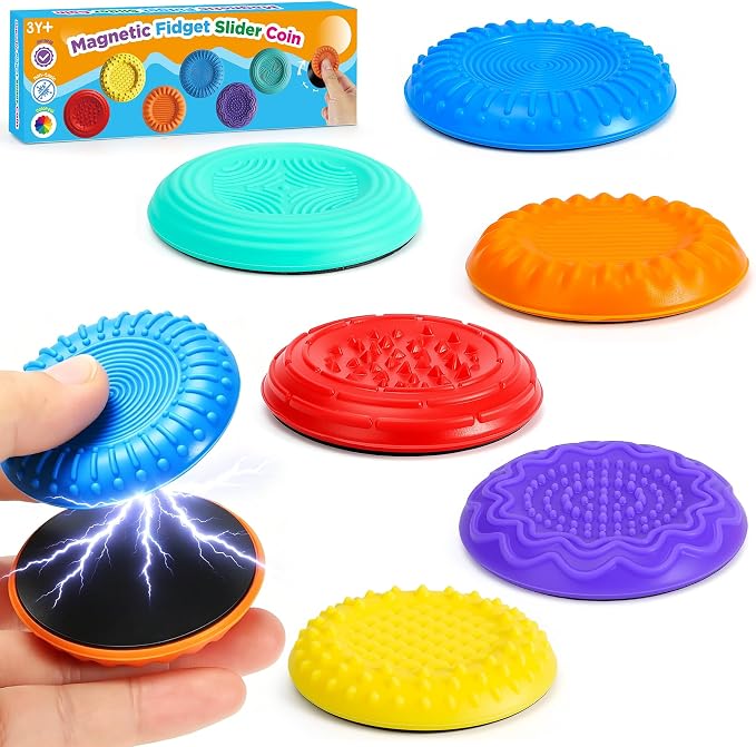 Magnetic Fidget Slider Coin Set 6 Pack, Quiet Stress Relief Toys, Sensory Sliding & Clicking Desk Fidget for Adults & Kids, ADHD Focus Anxiety Relief Office Classroom Portable Fidget Gifts
