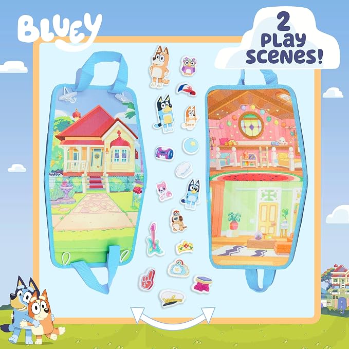 Bluey Felt Playhouse, Double-Sided Play Scene with Built-in Storage, 20 Felt Characters & Accessories, Travel-Friendly Bluey Toys, Road Trip Essentials, Toddler Activities, Fun Toys & Games
