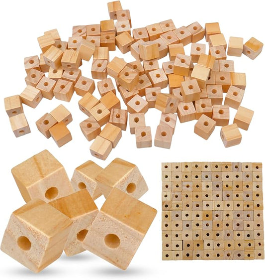 Wood Cubes with Holes, 100-Pack - 1/2 in. Blocks for STEM Cars | 100 half-inch wood cubes pre-drilled for axles and dowels, ready for car and machine builds