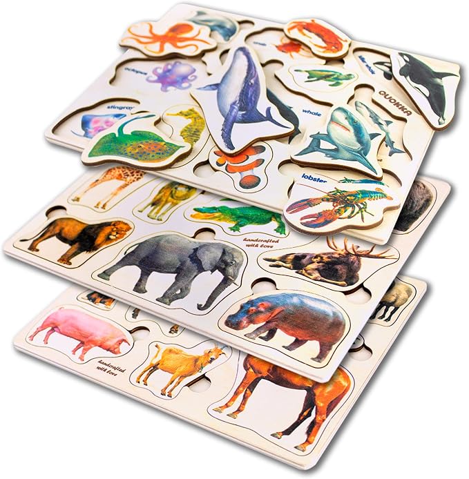 Wooden Puzzles for Toddlers 1-3 - 3 Montessori Kid Puzzles Ages 2-4 | Realistic Toddlers Puzzle for Kids 3-5 Year Old Boy and Girl - Wood Learning Toy with Animals for Children