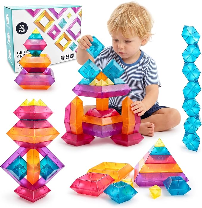 32-Piece Building Blocks, Sensory Pyramid Stacking Toys for Kids Ages 3+ | STEM & Montessori Preschool Toys, Light Table Compatible Building Set - Ideal Gift for Boys & Girls Ages 3 4 5 6