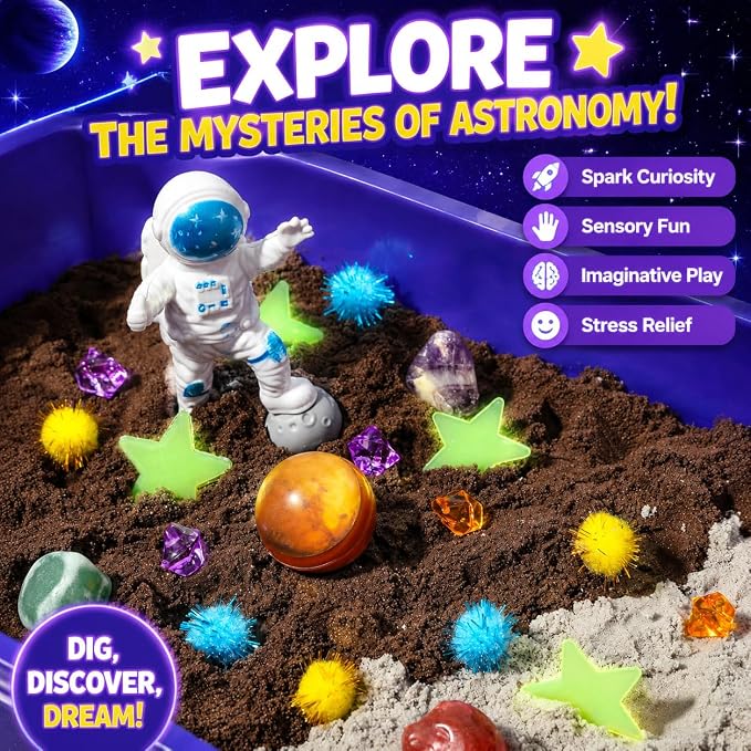 Carolart Galaxy Sensory Bin with Sensory Sand, Gem Dig Kit for Kids | Space sensory kit with alien, STEM toys science kit with real gemstones, gift for boys ages 3-8