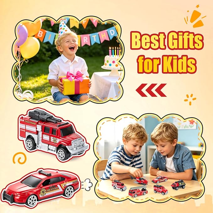 6 Pack Diecast Fire Truck, Mini Alloy Fire Truck Toy for Toddlers 3-5 Firetruck City Emergency Cars Toys Set for Kids Boys Age 3 4 5 6 7 Years Old Goodie Bag Stuffers Birthday Gift