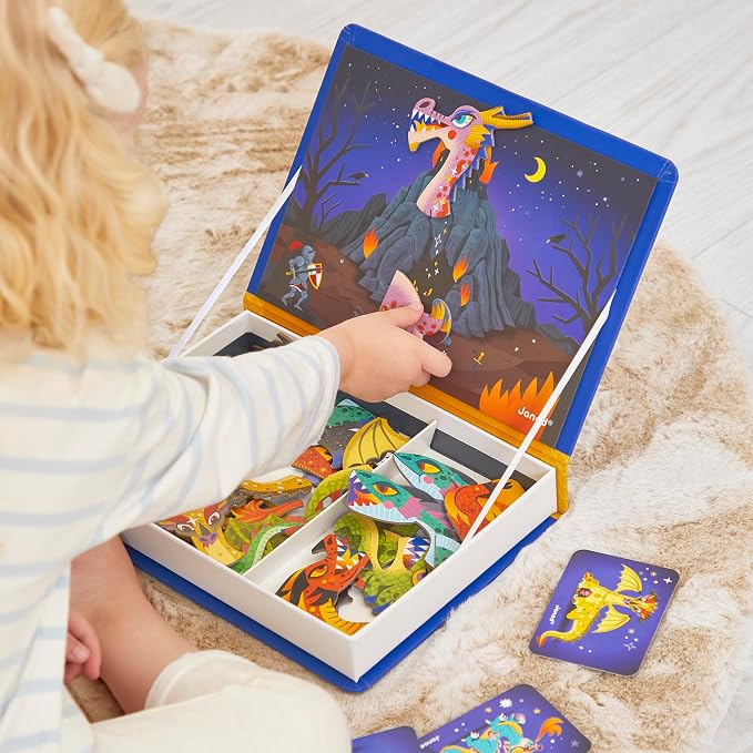Janod - Magnéti'Book - Magnetic Game - Dragons - Purple | Cardboard Kids Toy - Develops Dexterity and Imagination - 63 Pieces - Ideal for Ages 3 and Up - Preschool Learning Activity