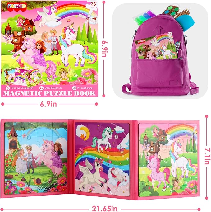 Magnetic Puzzles for Kids Ages 4-6, 20-Piece Preschooler Travel Toys Unicorn Princess Puzzles Ages 3-5, Educational Learning Magnets, Ideal Road Trip Activities Toys for 3 4 5 6 Boys and Girls