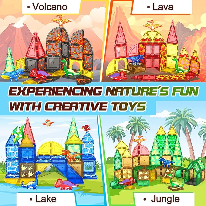 102PCS Dinosaur Toys Magnetic Tiles with 8 Dinosaurs - Jurassic Scenes Toys | Dinosaur World Adventure Set, Magnetic Blocks Kids Toys for Boys & Girls Ages 3+, Sensory Toddler Creative Kids Games Gifts