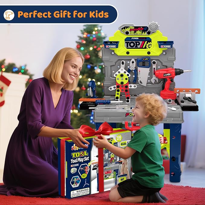 Kids Tool Bench with Electric Drill, Toddler Tool Set for Boys Ages 3-5 6-8 | 132 Pcs Kids Tool Set with Toddler Tool Box & Tool Bench, Christmas Birthday Gifts Toys for Boys Ages 3 4 5 6 7 8+ (Green)