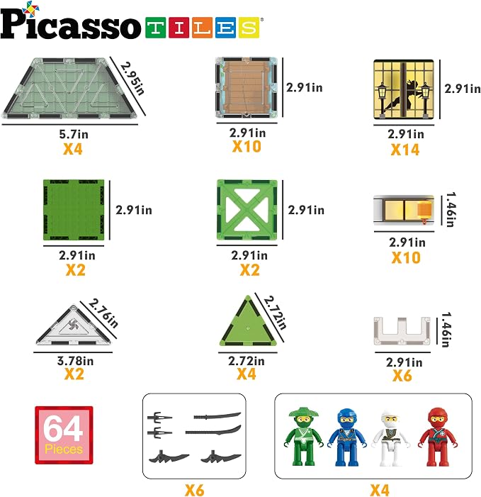 PicassoTiles Magnet Tile Building Blocks Ninja Dojo House Theme STEM Playset with 4 Character Action Figure Ninjas Weapon Accessories Magnetic Tiles Educational Toy Pretend Play Toddlers Ages 3+ PTQ07