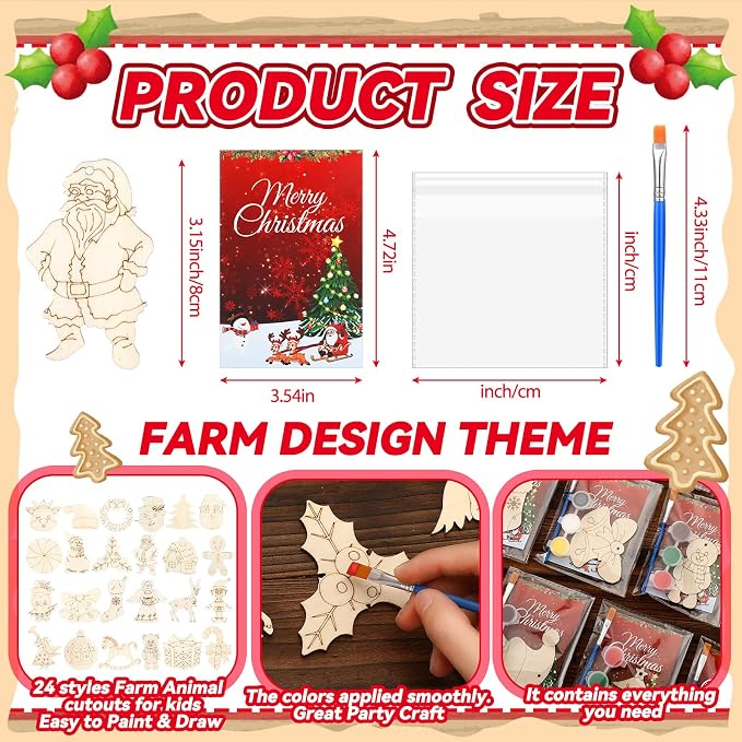 Saypacck 24 Pcs Christmas Party Favors Wooden Paint Craft Kits | DIY Painting Crafts with Brush Organza Bags, Christmas Stocking Stuffer Gifts, Festive Ornament Shapes