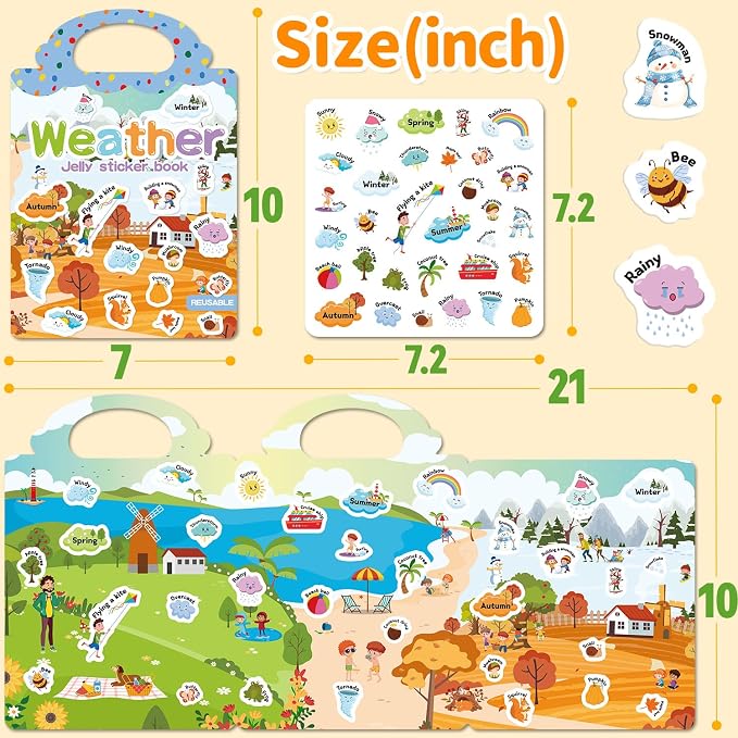 3 Sets Reusable Sticker Book for Toddlers 3-6, Jelly Sticker Books for Toddler, Travel Sticker Activity Toys for Kids 3 4 5 6 Years Old Girls & Boys（Weather + Insect + Beach）