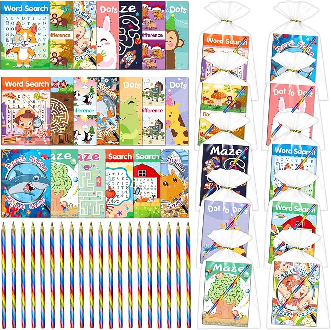 Elfew 20 Pack Activity Books Party Favors Set for Kids Ages 4-8 8-12 | 20 Colored Pencils & Gift Bags, Bulk Small Puzzles Books for Birthday Gift, Classroom Rewards, Party Goodie Bags Stuffers