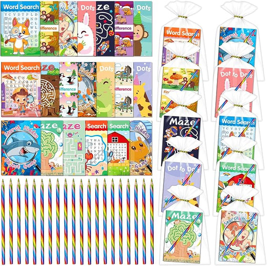 Elfew 20 Pack Activity Books Party Favors Set for Kids Ages 4-8 8-12 | 20 Colored Pencils & Gift Bags, Bulk Small Puzzles Books for Birthday Gift, Classroom Rewards, Party Goodie Bags Stuffers