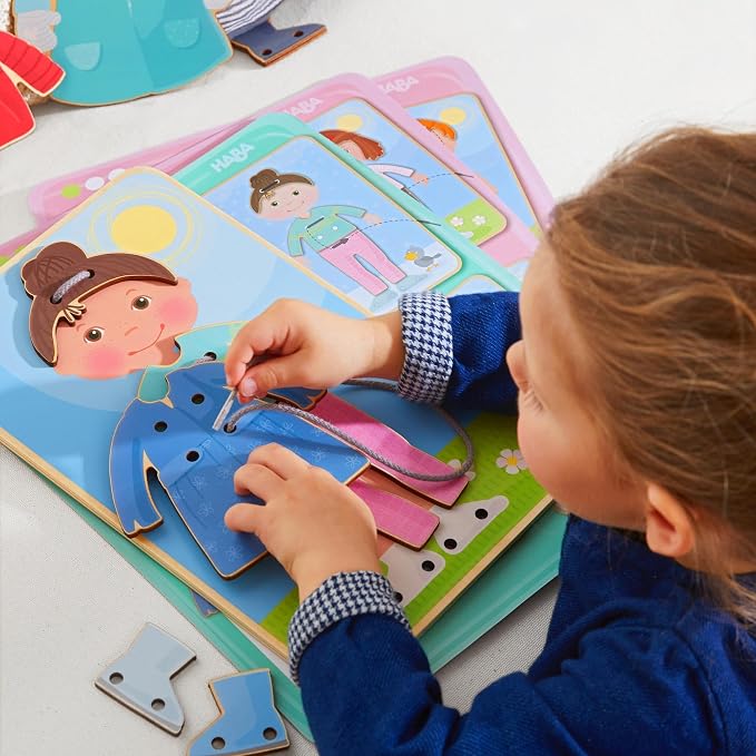 HABA Dress Me Lacing Cards Game - Montessori Fine Motor Skills Toy for Preschool Learning Activities and Kindergarten Toys with 36 Wooden Pieces