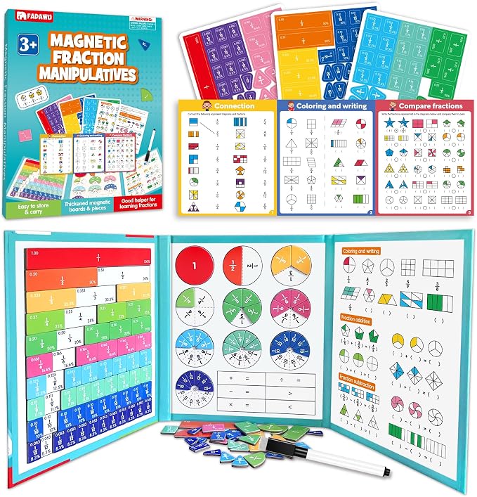 Magnetic Fraction Book with Tiles Circles Manipulatives Toy for Kid | Montessori Math Learning Kit for Kids Grades K-3, Fraction Playbook Educational Puzzle Board, Back to School Supplies Gift