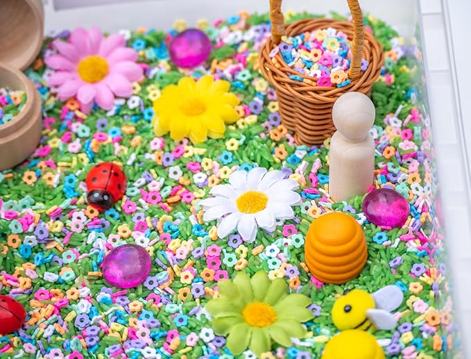 Spring Flower Sensory Bin Kit for Kids | Green Rice, Felt Bees, Wooden Eggs & Ladybugs, Floral Accessories & Wooden Tools – Includes Clear Storage Bin